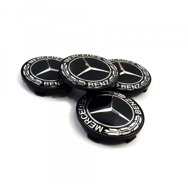 4x Cache Moyeux Centre Roue Ø 68/65mm Mercedes Full Black Logo Badge Noir  NR -  France